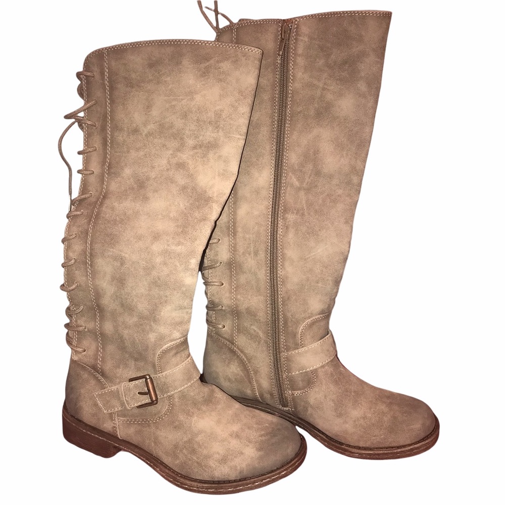 Eurosoft Selden Knee High Boot Stone Taupe Faux Suede Upper Lace Up Riding Boot